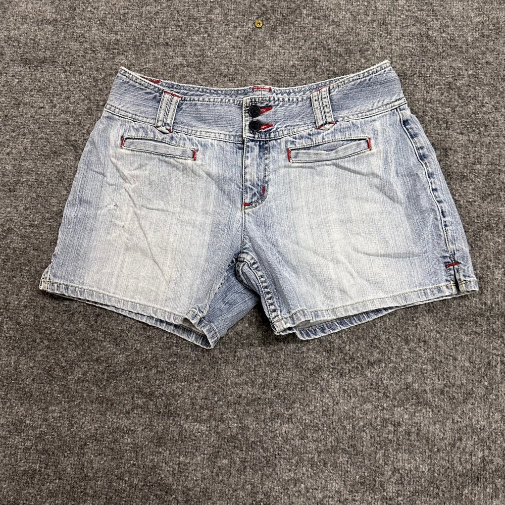 London Jean Shorts Womens Size 6 Light Wash Low Rise Stretch Denim Red Trim Y2K